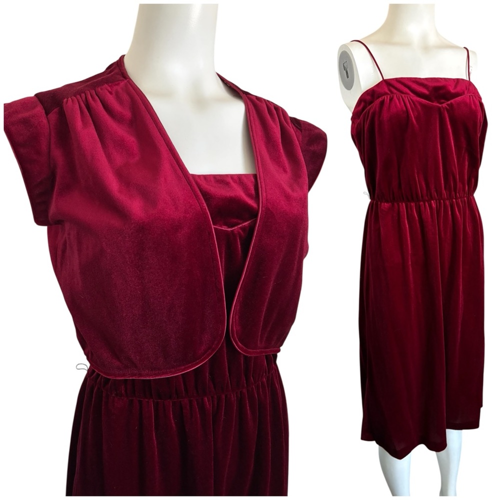 Vintage 80’s Red Velvet Spaghetti Strap Dress & Bolero Jacket Set Sz M